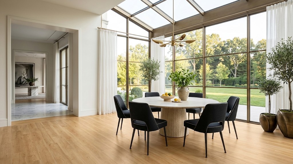 Grand glass morning room finished in Allure Ice Maple luxury vinyl flooring