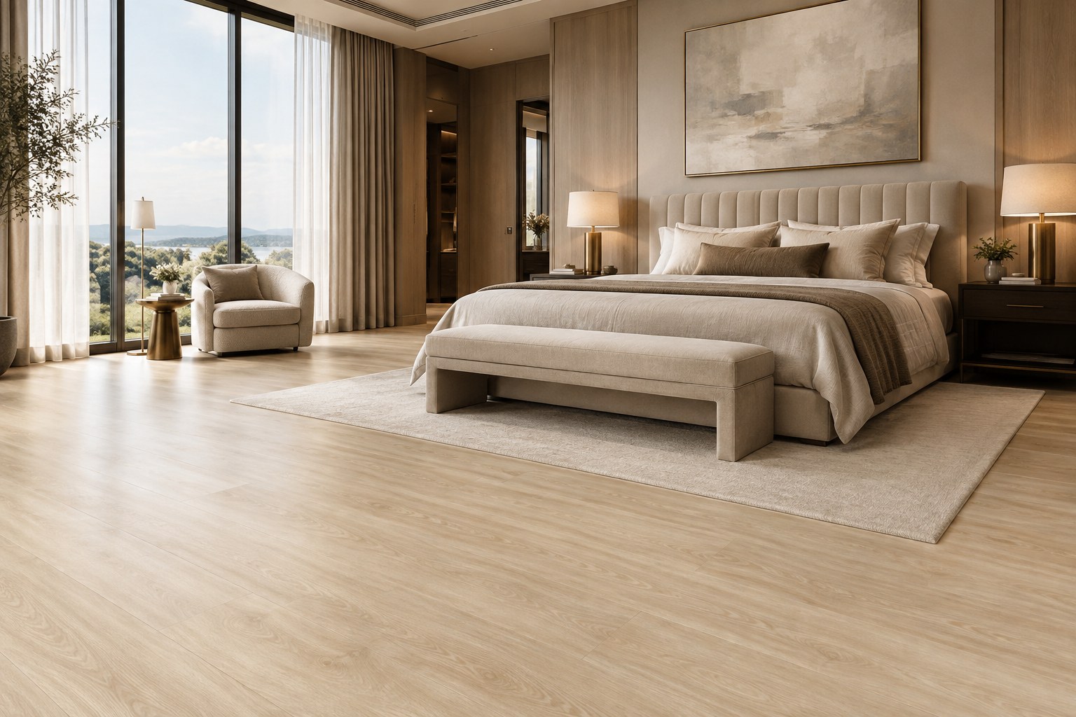 Primary bedroom finished in Allure Aspen Oak White luxury vinyl flooring