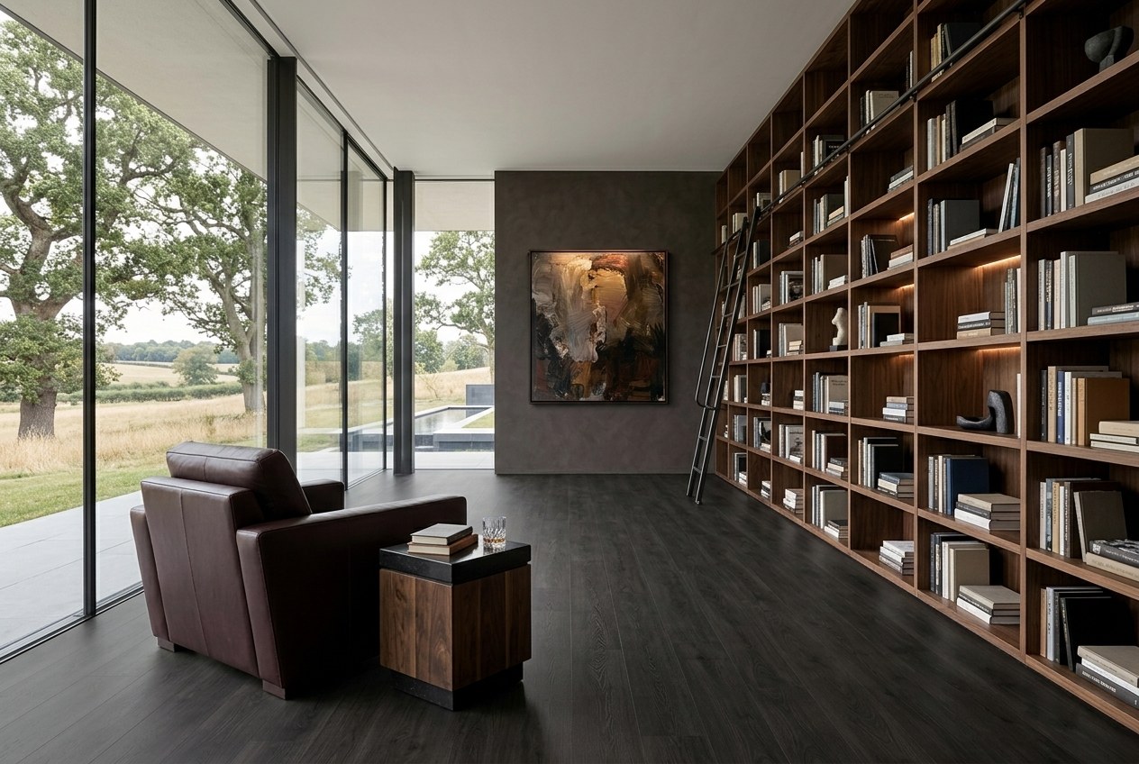 Private library with floor-to-ceiling bookshelves, finished in Allure Aspen Oak Black luxury vinyl flooring