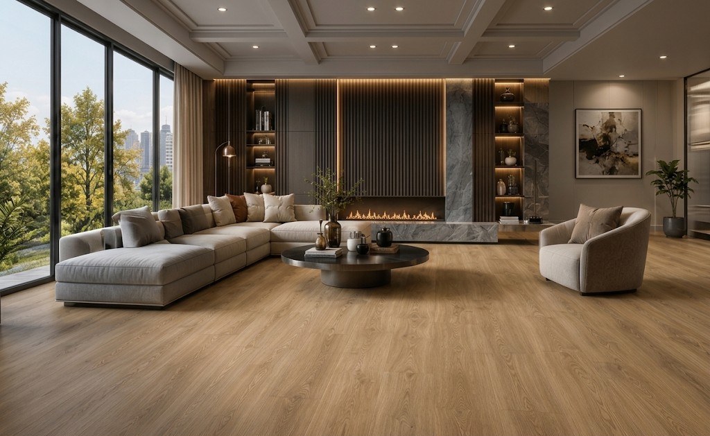 Formal living room with sectional sofa, fireplace wall and city view, finished in Allure Markham Oak Medium luxury vinyl flooring