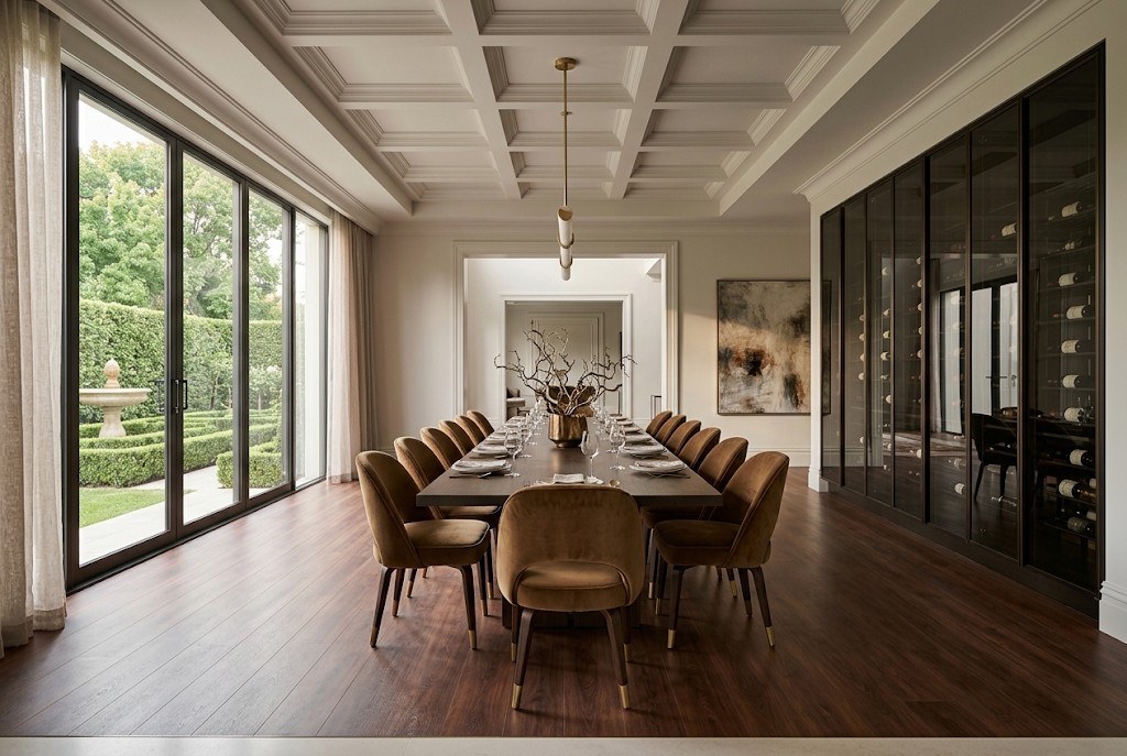 Formal dining room opening onto a private garden through a full glass wall, finished in Allure Kentucky Oak luxury vinyl flooring