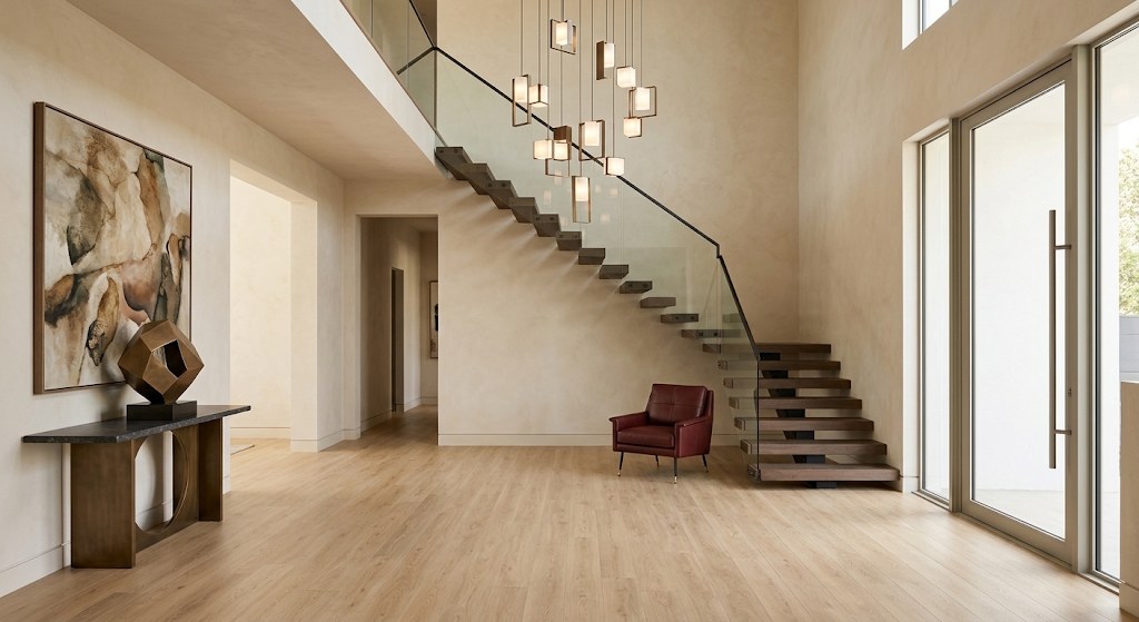 Grand entry foyer with a floating staircase, finished in Allure Markham Oak Light luxury vinyl flooring