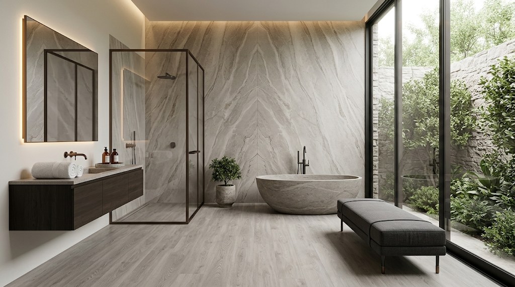 Primary spa bathroom finished in Allure Amsterdam Light Tan luxury vinyl flooring