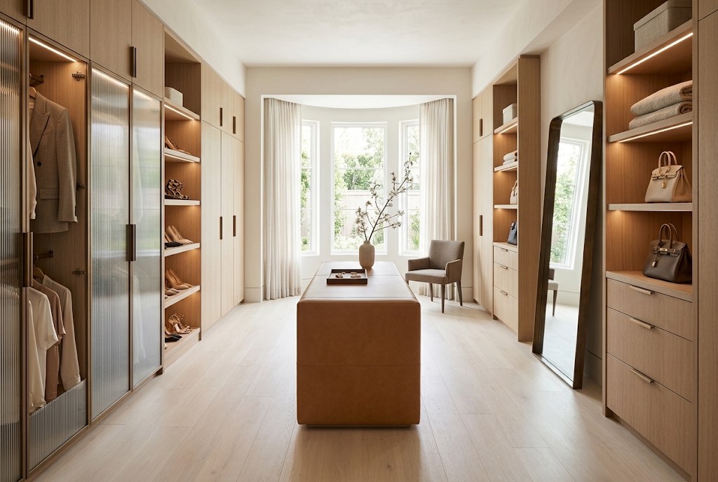 Primary dressing room finished in Allure Amsterdam Eggshell luxury vinyl flooring