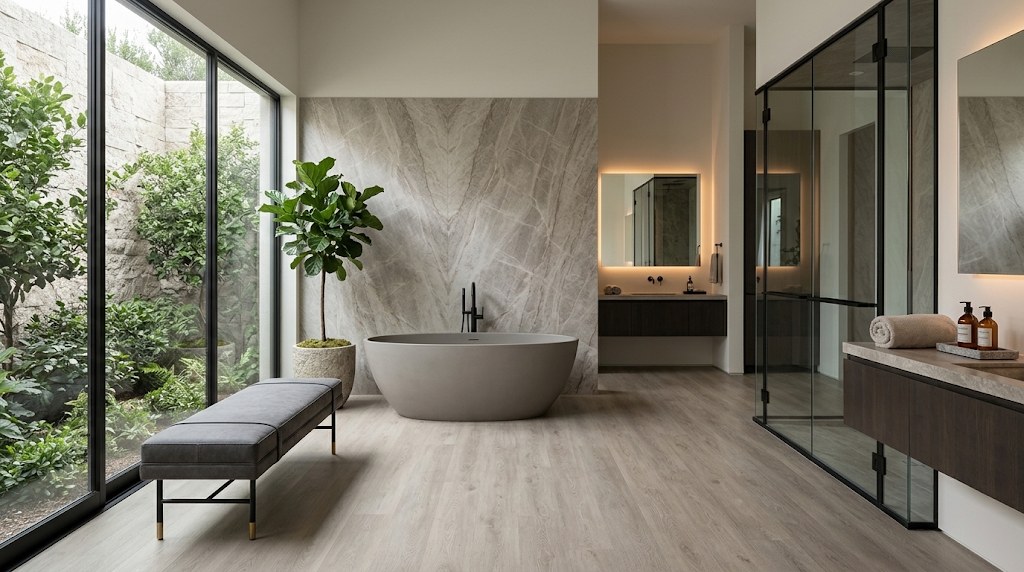 Primary spa bathroom finished in Allure Amsterdam Silver luxury vinyl flooring